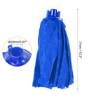 Blue microfiber mop head shown upright with inset detail of the plastic connector and a measurement graphic