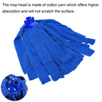 Blue cotton-y microfiber mop head with a small circular inset showing the threaded plastic connector and text above