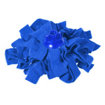 Blue microfiber mop head laid flat with visible fabric strips and central plastic screw-on connector