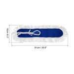 Flat blue mop head with white fringe and tied straps, shown with dimension callouts 91cm / 35.8" and 16cm / 6.3".