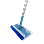 Blue mop head fitted with a disposable white wet mopping cloth shown on a white background