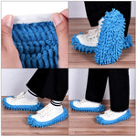 Collage showing blue chenille mop slipper covers stretched open and worn over shoes in multiple demo shots.