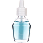 Glass fragrance refill bottle with light blue oil and white dropper-style cap on a plain white background