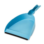 Angled close-up of a blue plastic dustpan showing serrated edge and rubber lip on white background
