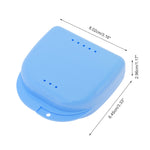Blue plastic braces/retainer case viewed closed with dimension arrows and measurements