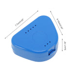 Blue triangular plastic orthodontic retainer case with dimension arrows and measurements on a white background.