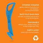 Large blue Grin tongue scraper on orange background with text highlighting hygienic scraper features