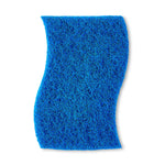 Close-up top view of a blue non-scratch scrub-side textured sponge on a white background.