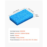 Blue rectangular sponge shown with dimensional callouts listing length, width and thickness measurements.