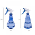 Two blue refillable trigger spray bottles on a white background with dimension markers showing 21 cm height and 9 cm base width.