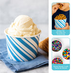 Blue-striped paper cup holding a scoop of vanilla ice cream with inset panels showing cup used for pretzels and craft supplies