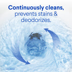 Graphic swirl of blue toilet water with headline text ‘Continuously cleans, prevents stains & deodorizes’