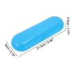 Blue plastic toothbrush travel case with dimensional measurement callouts showing length and width.