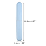 Single speckled blue cylindrical toothbrush travel case photographed upright with dimension annotations