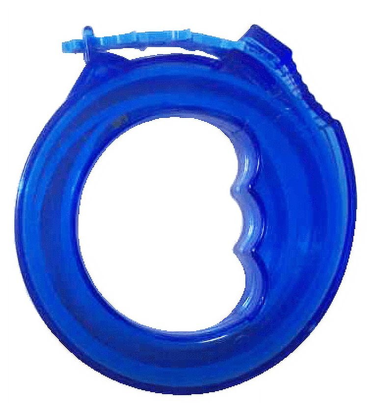 Translucent blue circular plastic encased drain snake with finger-grip scallops and a locking tab