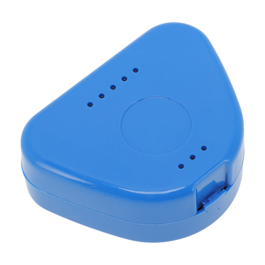 Glossy blue triangular plastic orthodontic retainer/braces storage case seen closed on white background.