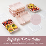 Several blush pink two-compartment containers arranged with clear lids and sample meals, callout bubble reading '2 cups'.