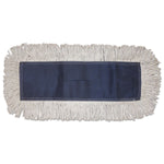 Boardwalk dust mop head with navy fabric center panel and tan cotton fringe, flat lay