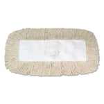 Boardwalk dust mop head with white fabric center panel and tan cotton fringe, flat lay