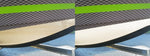 Side-by-side before and after of a boat hull edge and decking strip showing grime removed after cleaning