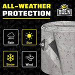 All-weather protection graphic showing a rolled silver tarp with water droplets and icons for rain, sun, snow and wind.