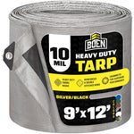 Rolled silver/black heavy-duty tarp with Boen label showing 10 mil thickness and 9'x12' size.