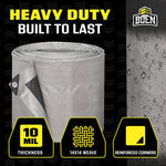 Promotional graphic of a rolled silver tarp with icons for 10 mil thickness, 14x14 weave and reinforced corners.
