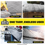 Collage of four photos showing tarp uses - jobsite, field cover, grill in snow and roof reflectivity - branded with Boen banner.