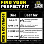 Size and coverage chart graphic listing tarp sizes and suggested uses like car cover, trucks/RVs and long-term shelter.