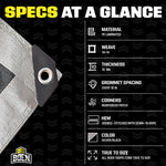 Specs graphic with close-up of tarp grommet and list of material, weave, 10 mil thickness, grommet spacing and reinforced corners.