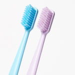 Close-up angled view of two toothbrush heads, one blue and one light purple, on white