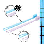 Two toothbrushes with callouts highlighting recycled-handle material and hanging hole on white artboard