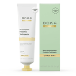 Boka Probiotics citrus mint toothpaste tube and matching mint-green box shown on white background