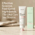 BOKA Coco Ginger toothpaste tube standing with its box and large text overlay promoting effective science and feel-good ingredients
