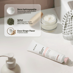 Lifestyle flatlay with BOKA toothpaste tube and inset panel showing nano-hydroxyapatite, xylitol, and coco ginger flavor ingredients