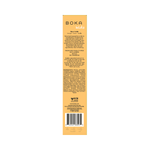 Narrow product box back panel showing Boka Kids branding, ingredient list, usage instructions and a barcode on an orange background.