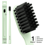 Mint green Boka toothbrush with black activated charcoal bristles shown alongside packaging and a close-up of the brush head.
