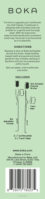 Back of BOKA toothbrush packaging showing product description, directions, includes icons, and barcode