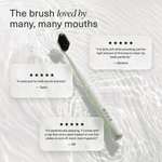 Mint green Boka toothbrush floating on rippled water with three customer review callouts overlaid on the image.
