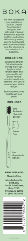 Tall narrow product information panel for Boka toothbrush showing brand name, directions, includes list, and barcode.