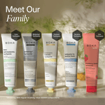 Promotional lineup of BOKA toothpaste variants labeled 'Meet Our Family' showing different formulations and packaging