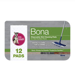 Bona branded packaging mockup showing 12 disposable wet cleaning pads with mop head graphic and pet cleanup badge