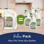 Bona 96 oz jug pictured beside three 32 oz spray bottles graphic with equal sign and value pack text