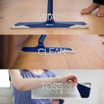 Three-panel graphic showing attaching, cleaning, and tossing steps for a Bona mop and disposable pad with hands and feet visible.