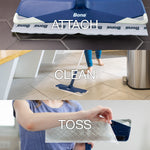 Three-panel image showing attach, clean, toss workflow with Bona mop head on tile and a hand removing a pad