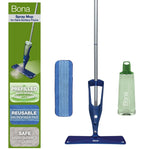 Bona spray mop kit with blue mop head, reusable microfiber pad and translucent green refill bottle on white background