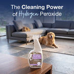 Bona Pet System spray bottle on a table in a living room scene with a dog on the rug and text about hydrogen peroxide cleaning.