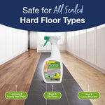 Bona cleaner bottle placed on a tiled floor graphic showing compatibility with laminate, stone tile and vinyl floors