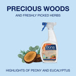 Bona cedar wood cleaner bottle with wood slice and herb illustration and headline ‘Precious Woods’