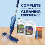Product arrangement featuring a Bona spray mop, two cleaner jugs and packaged Bona microfiber pad